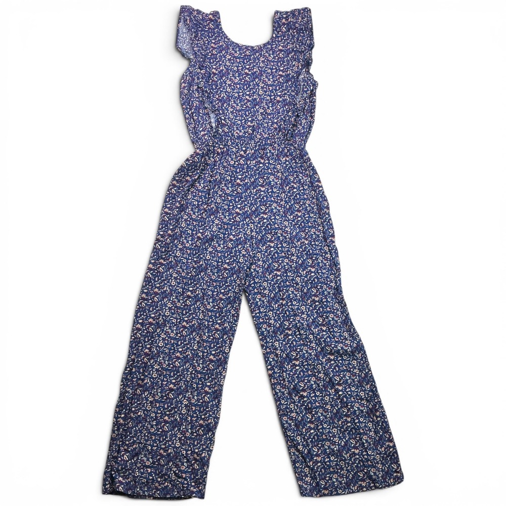 btween Blue Floral Jumpsuit Girls Size 10 Ruffle Shoulder Wide Leg 3E176TJ - Picture 1 of 16